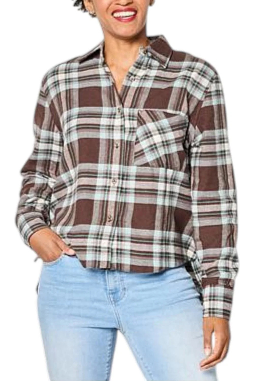 HUE Women's Plaid Flannel Button Down Hi Low Hem Shirt Coffee Bean - Regular